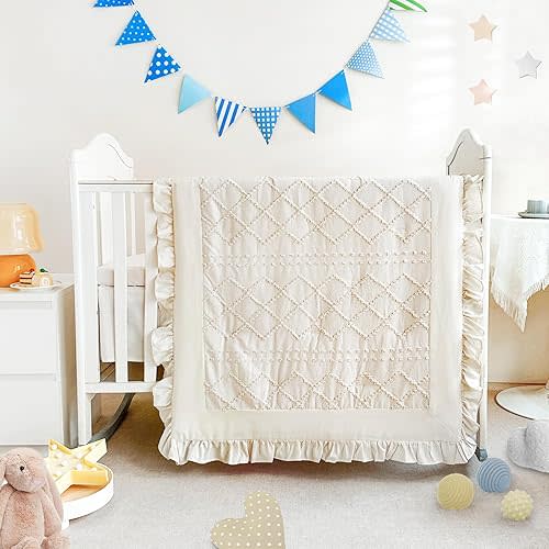 Wowelife Ruffle Crib Bedding Set for Girls Boys 3PCs Boho Crib Comforter Set Beige Baby Crib Bedding Set Nursery Bedding Sets Girls Include Quilted Comforter, Crib Skirt and Crib Sheet, Beige