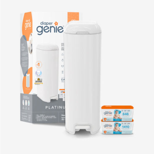 Diaper Genie Platinum Diaper Pail Gift Set | Hands-Free Odor Control with Foot Pedal | Stainless Steel Baby Diaper Pail | Includes 2 Easy Roll Refills 48 Bags Total | Baby Registry Must-Have