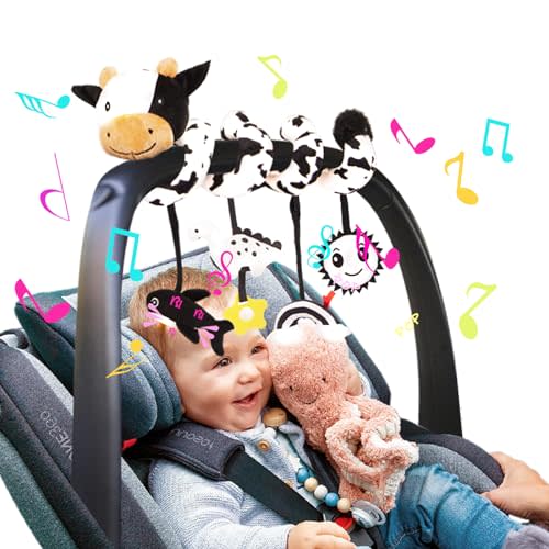 Stuffed Spiral Car Seat Toys, 0-6 Months Giraffe Stroller Activity Baby Infant Carseat Toys Hanging Including Dinosaur Rattles| Sun Mirror| Rainbow Cloud| Dolphin Bibi, Babies Gifts