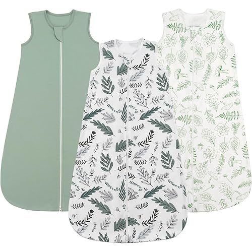 Baby Sleep Sack 3 Pack, 0.5 TOG 100% Cotton Wearable Blanket Baby, Sleeveless Sleep Sacks 0-6 Months, Leaves & Green
