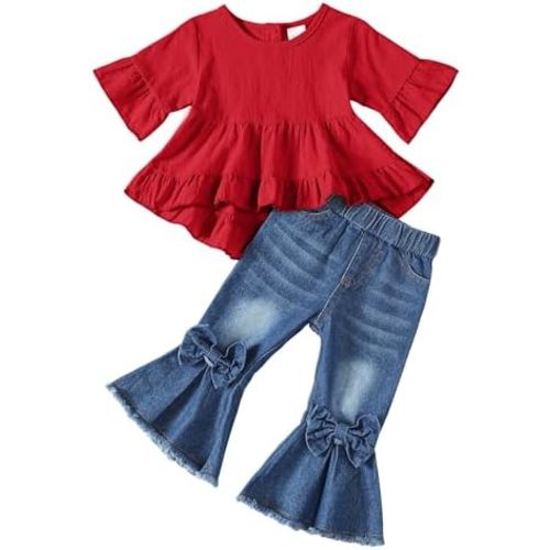 Kucnuzki Toddler Baby Girls Clothes Short Sleeve Shirt Top Flare Denim Jeans 2 Piece Outfits For Girls Cute Clothing Set