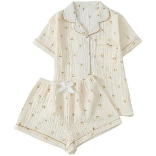 Verdusa Women's 2 Piece Pajama Set Summer Pajamas Cute Pjs Sets Sleepwear Button Up Lounge Sets