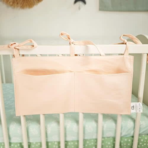 Baby Bedside Bag - 2 Pockets Crib Organizer Hanging for Crib,5 Colors Selection -Baby Toys Storage High-Capacity Baby Hanging Organizer (Apricot color)