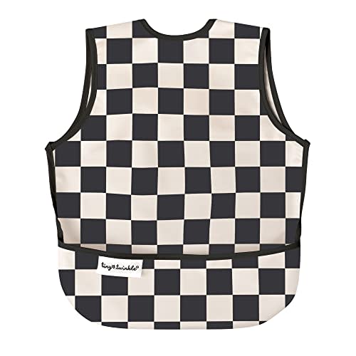 Tiny Twinkle Mess Proof Baby Bib - Waterproof & Lightweight Baby-Led Weaning Apron | 100% Recycled Polyester, Easy Clean & Machine Washable (Black Checkers, Small 6-24 Months)
