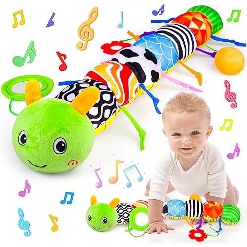 Infant Baby Toys 0-12 Months, Stuffed Animal Tummy Time Toys Sensory with Crinkle, Rattles, Textures, Mirror - Caterpillar Musical (Green)