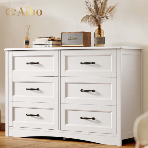 Aiho White Dresser Cabinet with Metal Handle, 6 Drawer Modern Wood Double Chest for Bedroom, Living Room - White