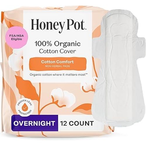 The Honey Pot Company - Sanitary Pads for Women - Non-Herbal Overnight w/Wings - Organic Cotton Cover, & Ultra-Absorbent Pulp Core - Feminine Care - 12 ct