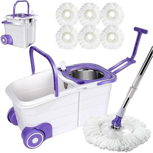 Masthome Spin Mop and Bucket with Wringer Set,360° Spinning Mop and Bucket with Wheels, Easy Moving,Stackable Mop Bucket,Stainless Steel Microfiber Spin Mops with 6 Mop Pads for Floor Cleaning
