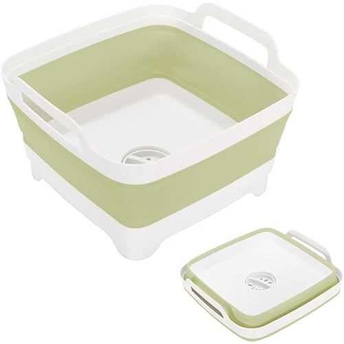 Collapsible Dish Basin 2.4Gal/9L, Foldable Kitchen Sink Tub With Drain Plug,Wash Basin for Dishes,Fruits,Bottles,Space-Saving for RVs,Camping & Laundry(Green)