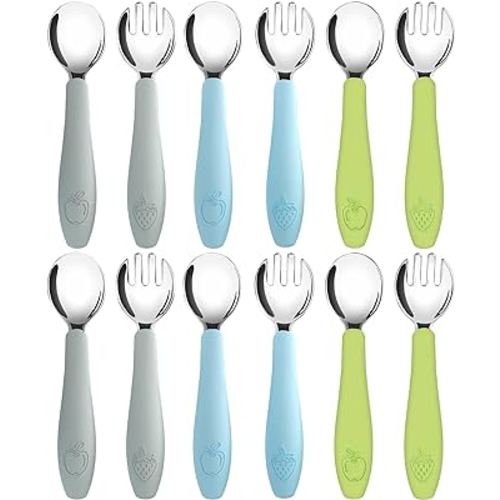 CHILLOUT LIFE Toddler Utensils, Kids Silverware with Silicone Handle, Stainless Steel Metal Toddler Forks and Spoons Safe Baby Cutlery Set for Self Feeding BPA Free Dishwasher Safe - 12 Piece