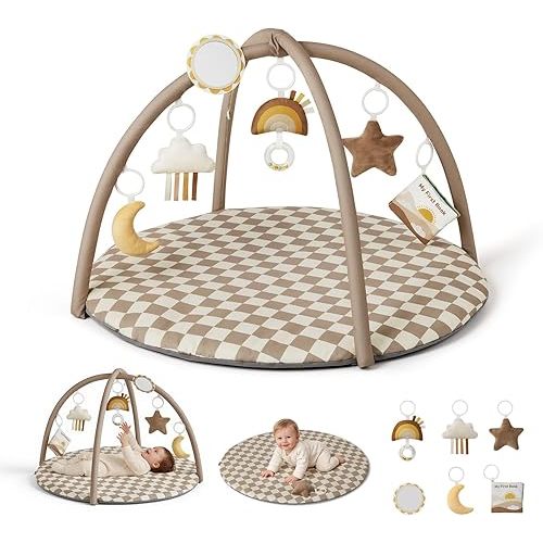 Blissful Diary Baby Play Gym Mat, Play Mat Activity Mat with 6 Detachable Toys for Stage-Based Sensory & Motor Skill Development, Easy to Install & Clean, Baby Essentials Gift, Brown Checkerboard