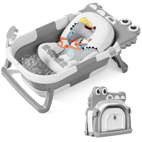 TPN Collapsible Baby Bathtub, Baby Bath Tub with Soft Cushion & Real-Time Thermometer, Baby Bathtub Infant to Toddler Tub (0-36 Months), Portable Travel Baby Tubs for Newborns (Grey)