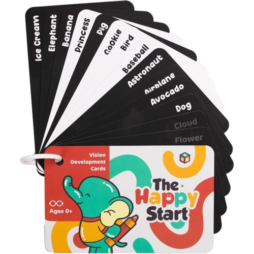 Happy Start High Contrast Baby Cards for Newborns - Black & White Cards, Water-Resistant, BPA-Free, Portable Educational Flashcards for Visual Stimulation, Award-Winning, Ages 0+ (English & Español) | 27 images, high & low contrast, English and Spanish bi