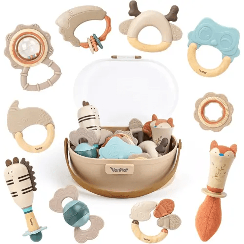 Baby Rattles & Teethers Set – Baby Toys 0-6 Months, Teething Toys 3-6 Months, Sensory Toys with Soft Textures, Gentle Sounds & Easy-Grip Shape, Neutral Newborn Gift（10-Pack）