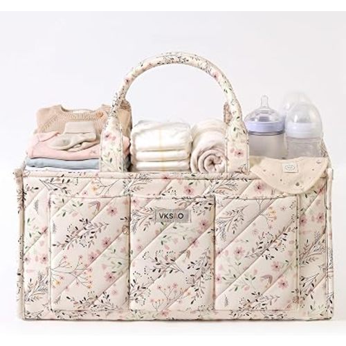 Large Floral Diaper Caddy Organizer Nursery Storage Basket, Gift for Baby Shower Diaper Bag Baby Registry Must Have Newborn Essentials, Beige Floral