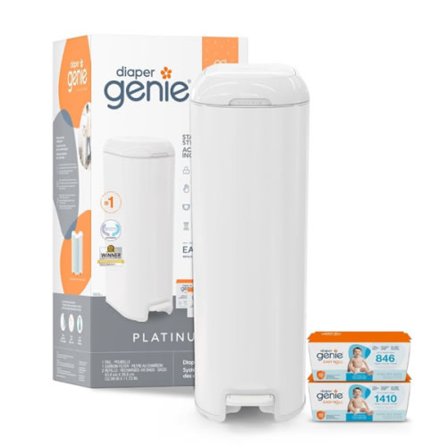Diaper Genie Platinum Pail Gift Set, Lily White, Made of Durable Stainless Steel and Includes 2 Easy Roll Refills with 18 Bags and 30 Bags