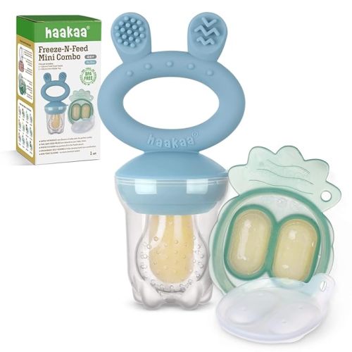 Haakaa Baby Fruit Food Feeder & Mini Freezer Nibble Tray Combo, Breastmilk Popsicle Molds for Baby Cooling Relief, BPA Free Silicone Feeder for Safe Infant Self Feeding, 4 Month+ (Sky Blue)