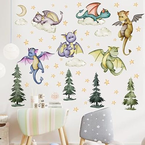 Baby Dragon Wall Decals Stickers Moon Stars Clouds Forest Nursery Decor Dino Stickers Home Decorations for Baby Boys Girls Bedroom Kindergarten Daycare Classroom Wall Art Decor