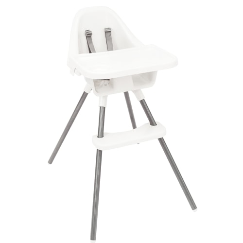 Regalo Baby Basics High Chair, Removable Oversized Tray with Cup Holder, 5-Point Harness, White, Plastic Chair, Steel Legs, Ages 6-36 Months
