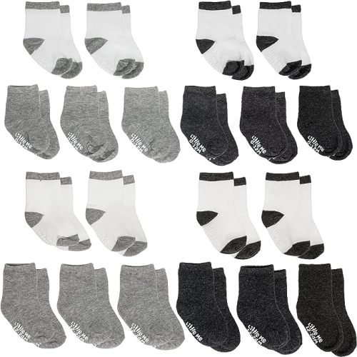 Little Me 20-Pack Newborn Baby Infant & Toddler Unisex Socks, For Baby Girl or Boy, 0-12 & 12-24 Months, Assorted Size Pack - White, Light Grey, Dark Grey