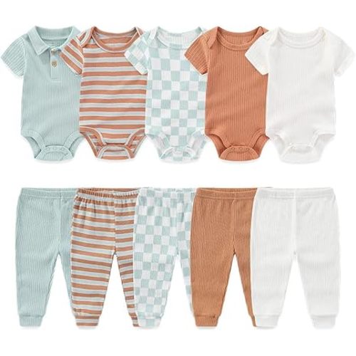 Kiddiezoom Newborn Baby Layette Set 10-Piece with Bodysuits and Pants Set for Unisex Baby Gift Sets