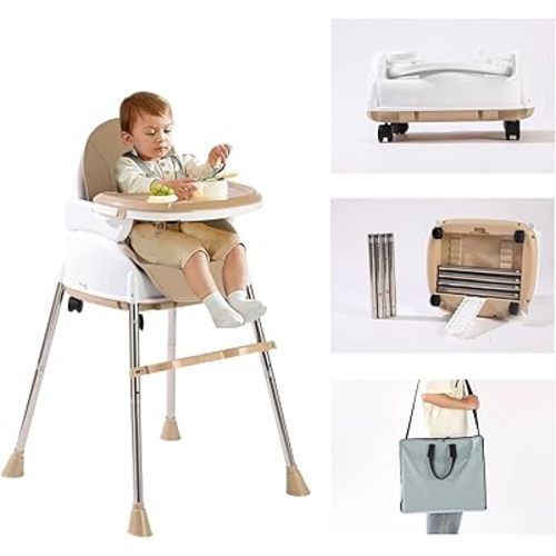 4 in 1 Portable Baby High Chair with Carrying Bag and Removable Tray,Foldable Travel High Chair ,Portable and Easy to Clean.(Brown)