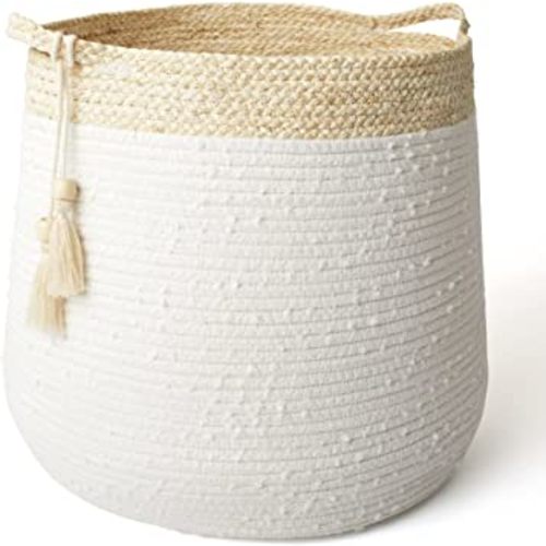 Rope Basket Woven Storage Basket - Laundry Basket Large 17.3x 15 x 14.1 Inches Cotton Blanket Organizer, Baby Nursery Containers White Home Decor Gift