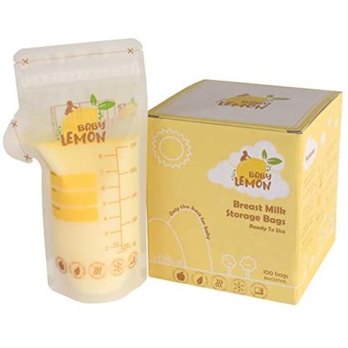 Baby Lemon Breast Milk Storage Bags with Spout - 8 oz, 100 Bags, Extra Thick, Leak Proof, Pre-sterilized, Ready to Use, BPA Free, Easy Write Material