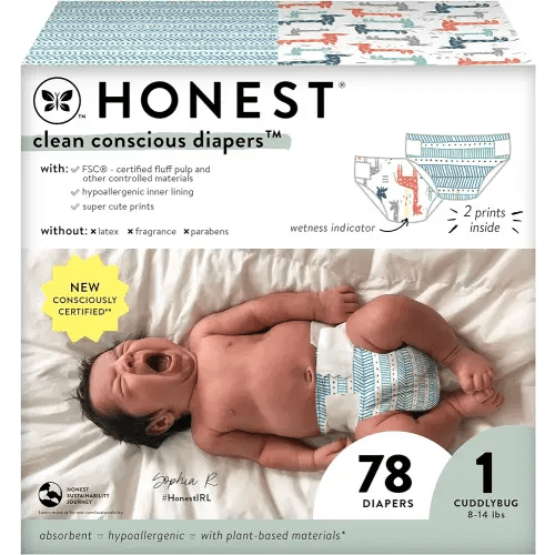 The Honest Company Clean Conscious Diapers for Sensitive Skin | Hypoallergenic, Fragrance Free | Gender Neutral Prints | Club Box, Size 1 (8-14 lbs), 78 Count (Prints May Temporarily Vary)