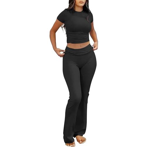 ANRABESS Lounge Sets for Women 2 Piece Foldover Yoga Flare Leggings Pants Crop Tops Casual Y2K Outfits Matching Tracksuit Set