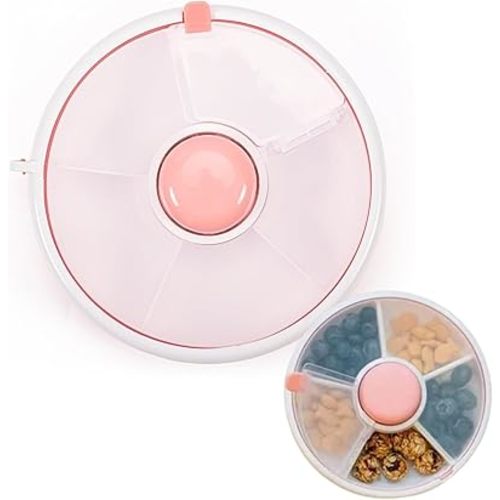 Portable Snack Spinner Bundle - Food Storage Container With 5 Compartment Rotating Dispenser and Lid, Reusable Box (Pink 1)