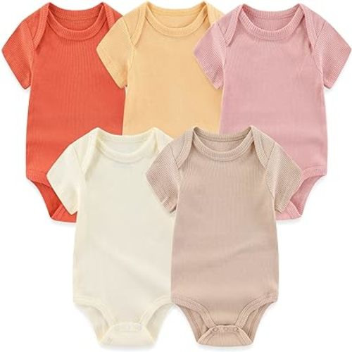 MAMIMAKA Newborn Baby Short Sleeve Bodysuit Cotton One-Piece Baby Clothes 5-Pack, 0-12 Months