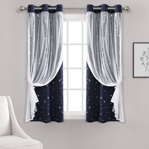 38"x63" Kids' Star Sheer Insulated Grommet Blackout Window Curtain Panel Set Navy - Lush Décor