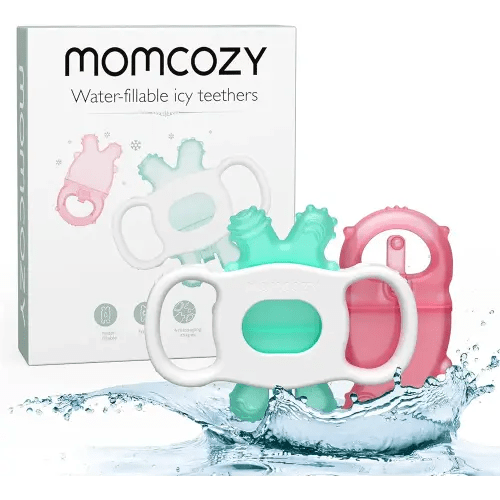 Momcozy Baby Teether Toys, Water Fillable Teether Silicone Cold Teether, Baby Teething Toys Chill Teether, Baby Water Teether for Teething Relief 0-12 Months, Green and Pink 2 Pcs