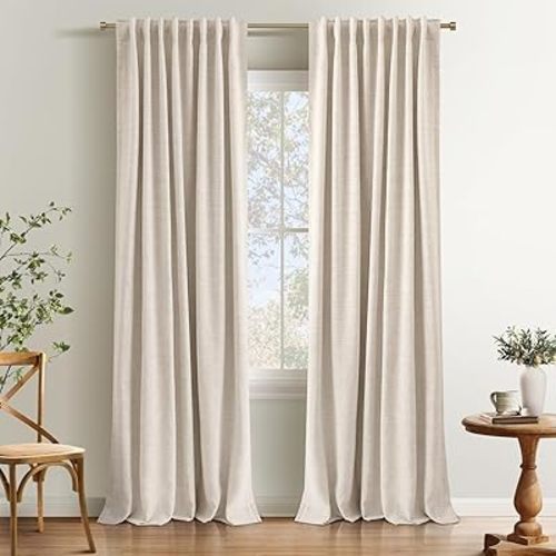 INOVADAY 100% Blackout Curtains 84 Inches Length 2 Panels Set, Back Tab/Rod Pocket Linen Black Out Curtains for Bedroom, Thermal Insulated Window Drapes - Cream, W50 X L84