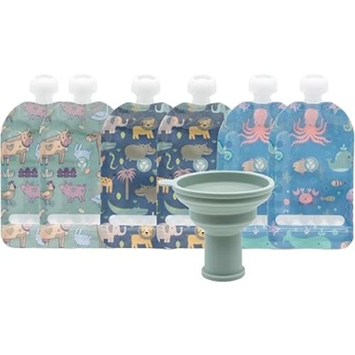 WeeSprout Double Zipper Reusable Food Pouches, Perfect for Babies & Toddlers, Freezer & Dishwasher Safe (Animals, 5 Fl Oz (Pack of 6) + Pouch Filler)
