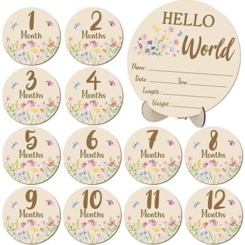 Wooden Baby Monthly Milestone Cards Double Sided Baby Birth Announcement Sign Hello World Milestone Sign Discs Pregnancy Baby Shower Gifts for Newborn Photo Props, Flower
