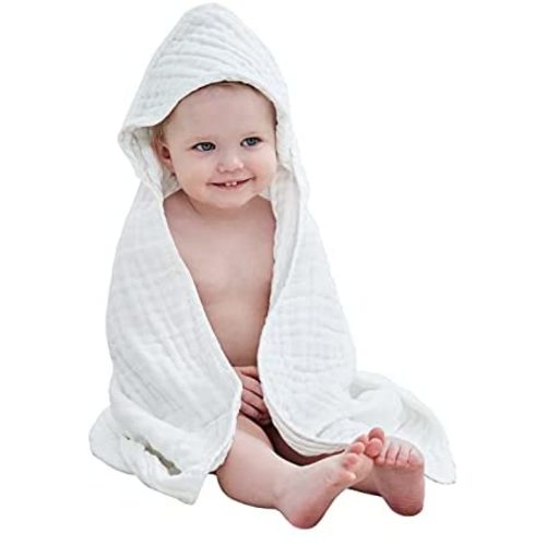Yoofoss Baby Bath Towel 100% Muslin Cotton Hooded Baby Towels Large 32x32Inch Soft and Absorbent for Babie, Infant and Toddler, Newborn Essential for Boys Girls (White)