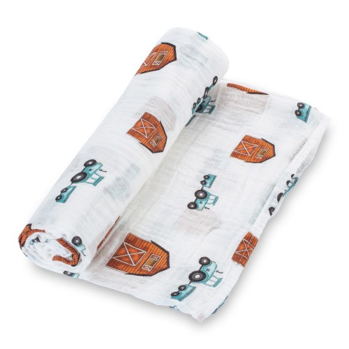 LollyBanks Muslin Swaddle Blanket – 100% Cotton Baby Wrap 47”x47”, Soft Newborn Receiving Blanket, Nursery Essential (Farm Barn Print)
