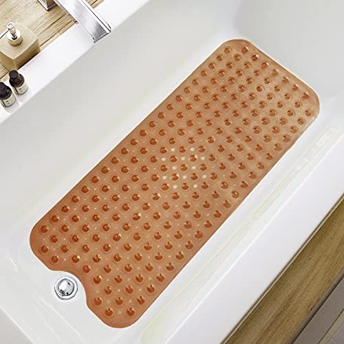 TEESHLY Bathtub Mats for Shower Tub, Extra Long Non-Slip 39 x 16 Inch Bath Mat with Drain Holes and Suction Cups, BathMat for Bathroom with Machine Washable (Clear Brown)