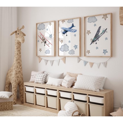 Set of 3 Airplane Prints, Aviation Wall Art Set, Clouds Posters, Modern Art, Kids Bedroom Decor, Boy Nursery Decor, Playroom Prints