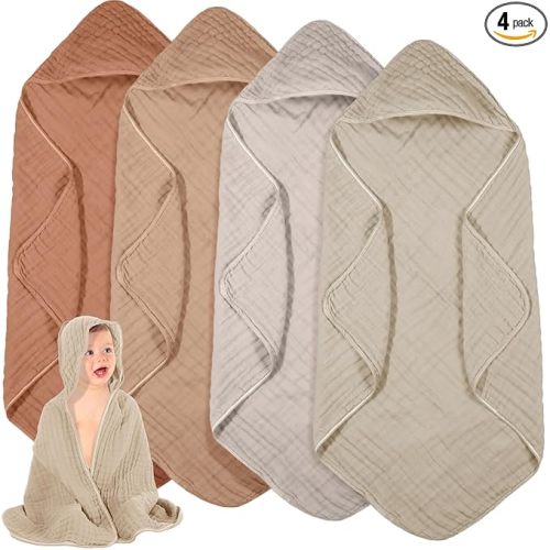 4 Pcs Muslin Hooded Baby Towels for Girls Boys Newborn Toddler 32 x 32 Inch Cotton Infant Swaddle Blankets Bath Essentials, Soft and Absorbent (Brown Series)