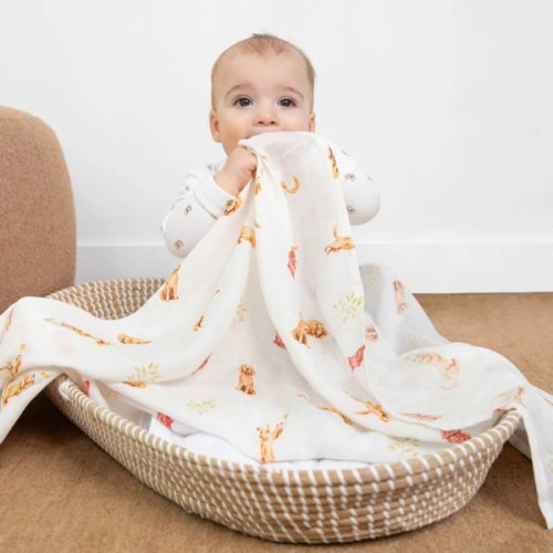 Organic Cotton & Bamboo Muslin Swaddle Blanket in Golden Retriever