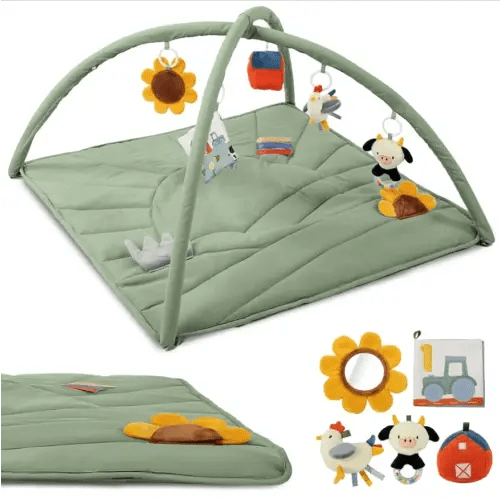 Beautiful Baby Play Gym and Tummy Time Mat - Soft Mat with 5 Farm Toys Creates The Perfect Activity Area for Your Girl/Boy - Stylish Infant Floor Playmat Fits Nicely with Any Playroom Decor