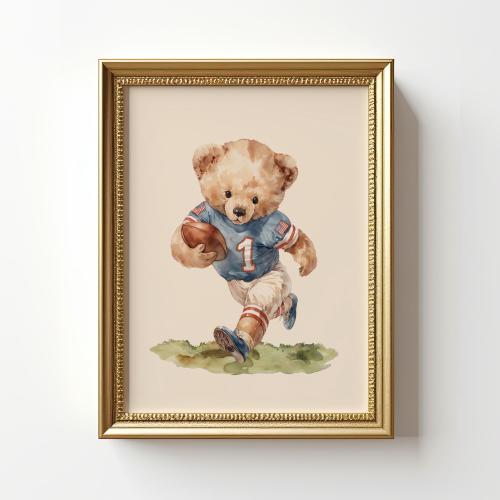 Watercolor Teddy Bear Vintage Football Wall Art, Nostalgic Bear Playing Football, Perfect Decor for Kids Room, Nursery, or Sports Fans