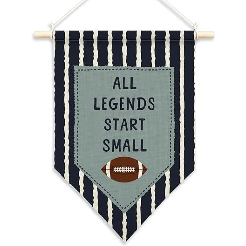 Hiuwevt Vintage Football Nursery Wall Art, Inspirational Sports Pennant Flag Poster Hanger Frame, All Legends Start Small Motivational Wall Art Decor for Kids Boy Nursery Room Playroom, 11x15 Inch