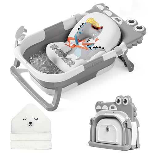 MoreFeel Collapsible Baby Bathtub for Newborn with Thermometer & 1 Hooded Towel & 1 Soft Floating Cushion,Portable Travel Bathtub with Drain Hole, Durable Foldable Baby Tubs for Infants to Toddler