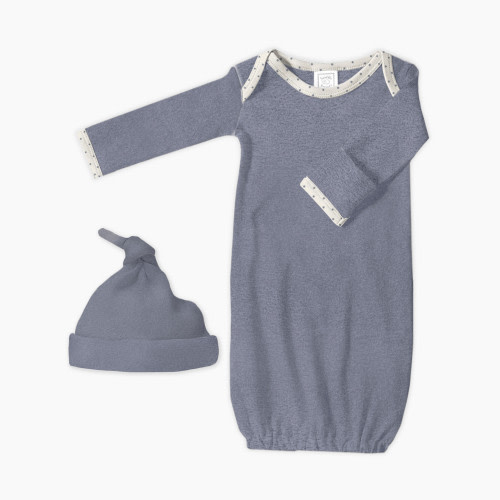 SwaddleDesigns Cotton Knit Long-sleeve Pajama Gown with Mitten Cuffs and Knotted Hat - Heathered Denim, 0-3 M