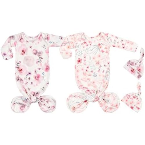 Newborn Baby Boy Long Sleeve Sleeper Gown with Mittens Knotted Gown Coming Home Outfit Nightgown Hat Set 2 Pieces