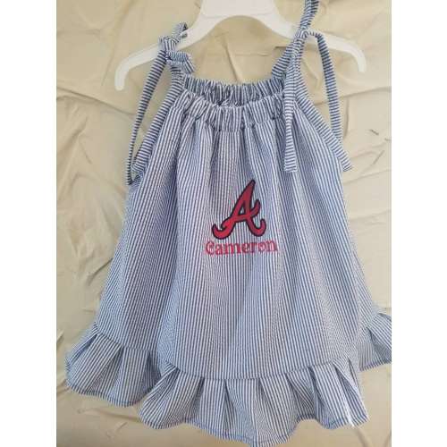 Inspired by vintage Atlanta Braves baseball; seersucker dress;  baseball dress